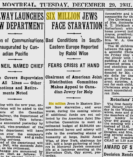 Six million Jews in Eastern Europe face starvation in 1931