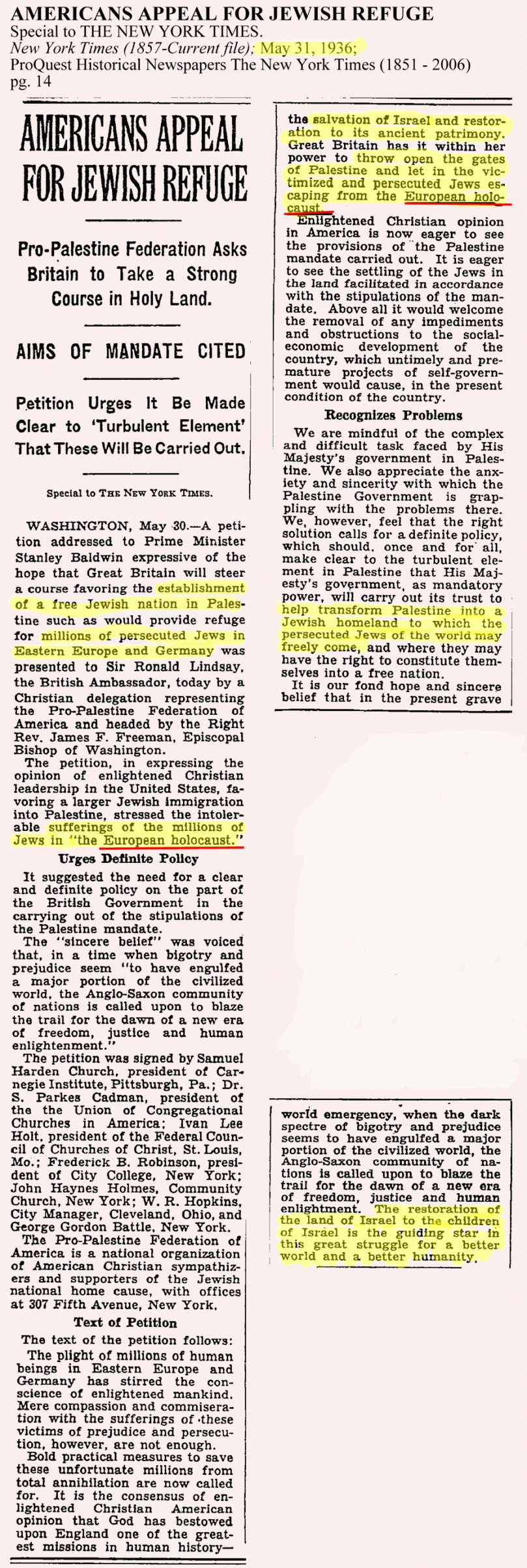 1936 Request to create a Jewish nation in Palestine