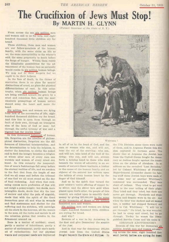 Zionists fear a Holocaust of six million Jews in 1919