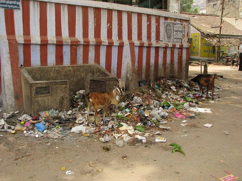 Garbage dump outside a temple in India.